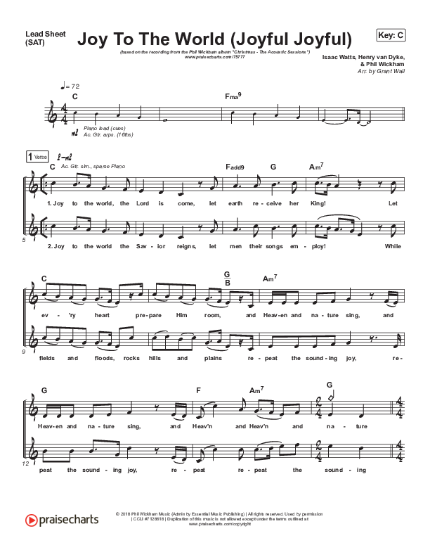 Joy To The World (Joyful Joyful) (Acoustic) Lead Sheet (SAT) (Phil Wickham)