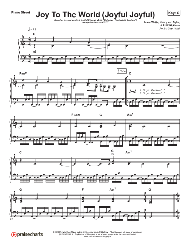 Joy To The World (Joyful Joyful) (Acoustic) Piano Sheet (Phil Wickham)
