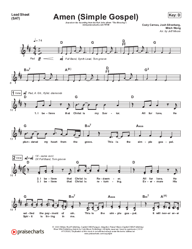 Amen (Simple Gospel) Lead Sheet (SAT) (Kari Jobe)