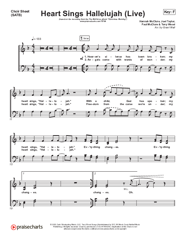 Heart Sings Hallelujah (Live) Choir Sheet (SATB) (The McClures / Hannah McClure / Paul McClure)
