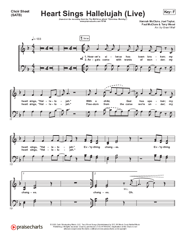 Heart Sings Hallelujah (Live) Choir Sheet (SATB) (The McClures / Hannah McClure / Paul McClure)