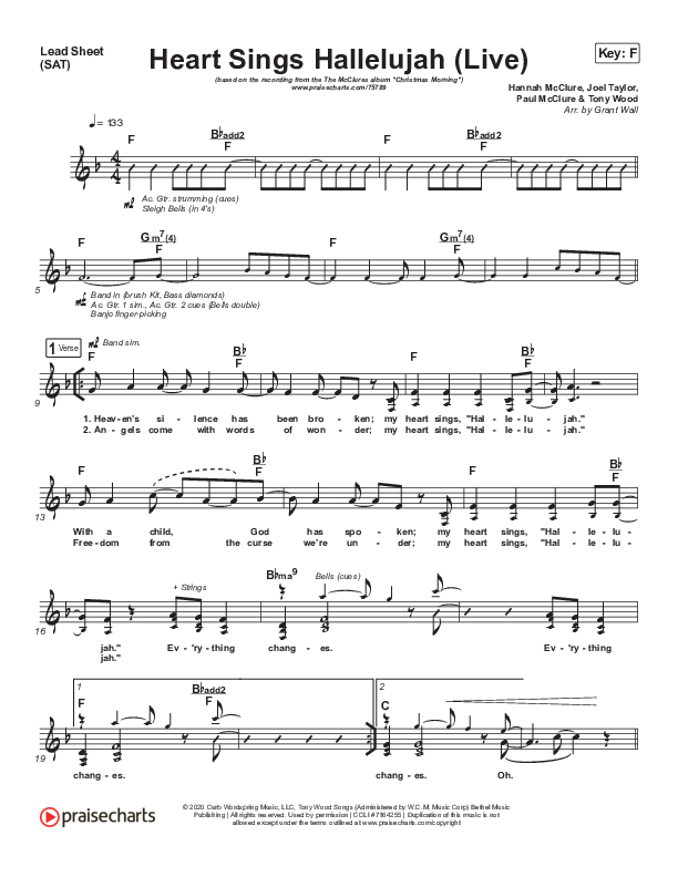 Heart Sings Hallelujah (Live) Lead Sheet (SAT) (The McClures / Hannah McClure / Paul McClure)