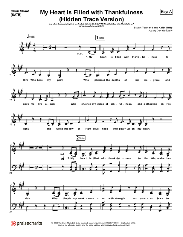 My Heart Is Filled With Thankfulness (Hidden Trace Version) Choir Sheet (SATB) (Keith & Kristyn Getty)