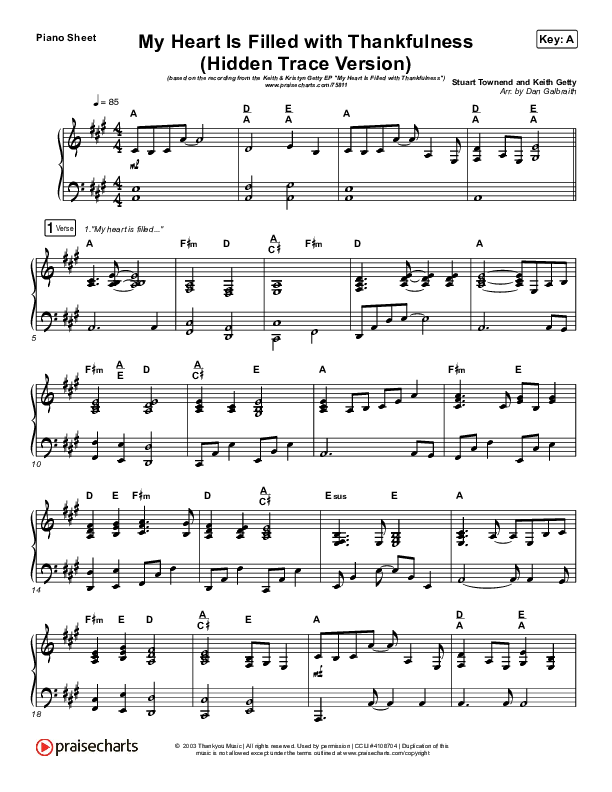 My Heart Is Filled With Thankfulness (Hidden Trace Version) Piano Sheet (Keith & Kristyn Getty)