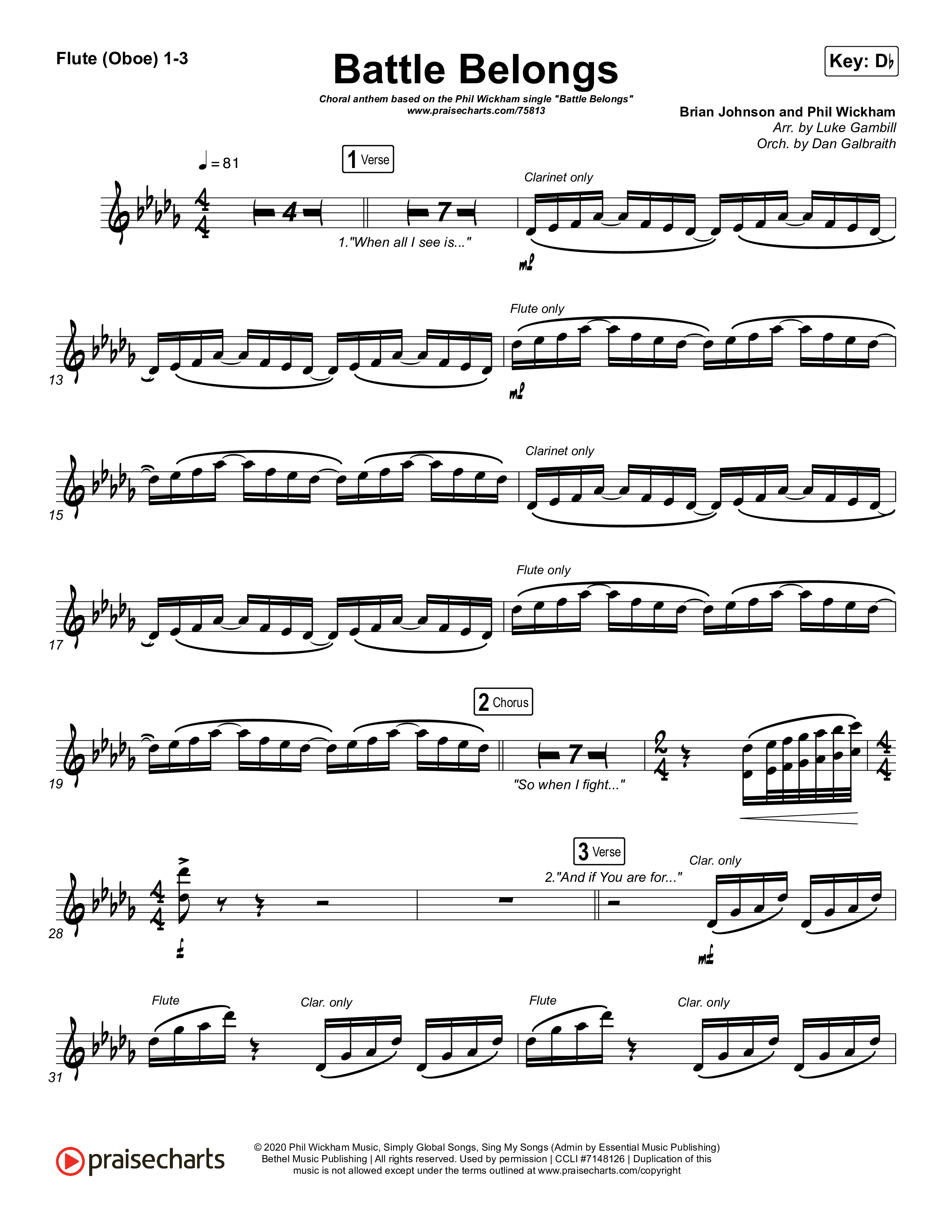 Battle Belongs (Choral Anthem SATB) Flute/Oboe 1/2/3 (Phil Wickham / Arr. Luke Gambill)