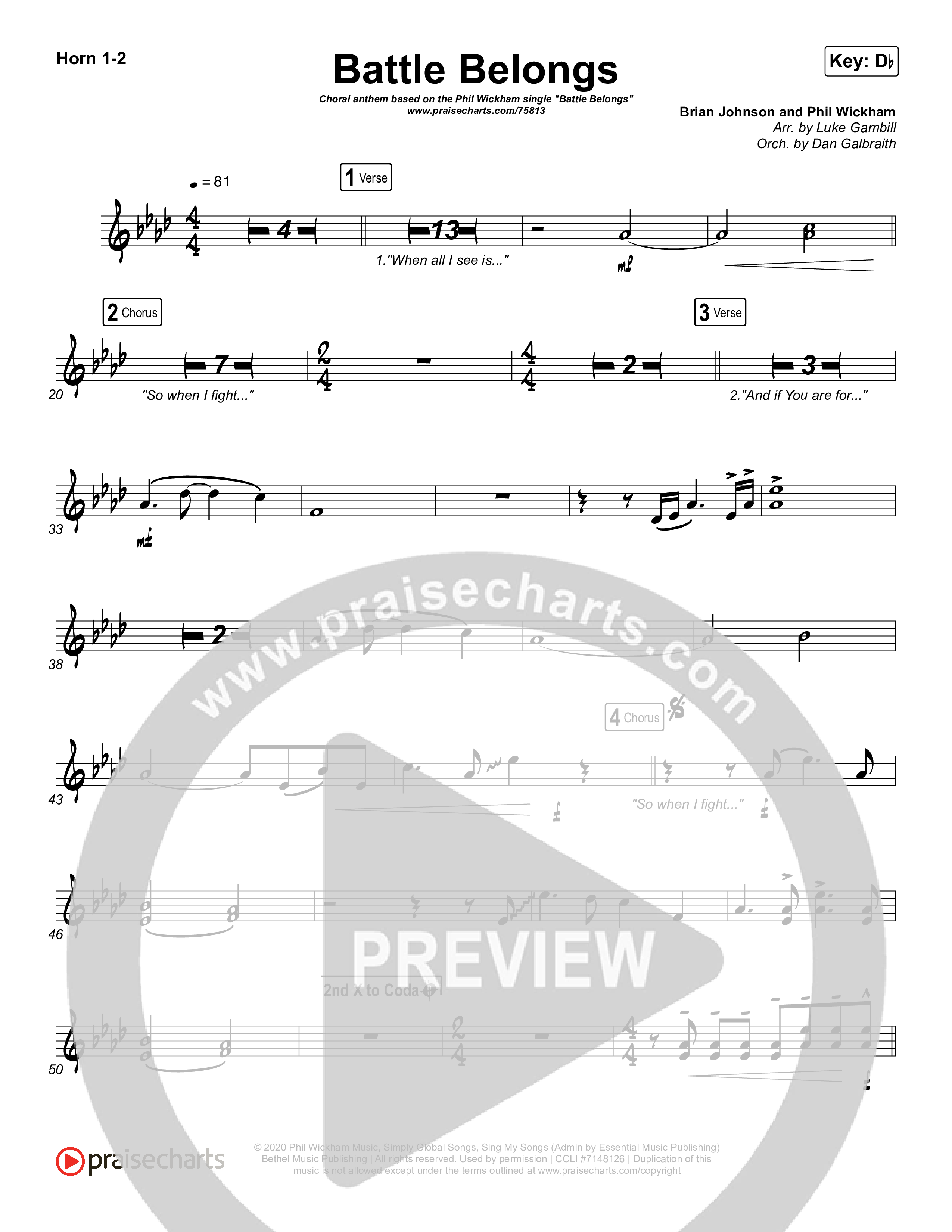 Battle Belongs (Choral Anthem SATB) French Horn 1/2 (Phil Wickham / Arr. Luke Gambill)