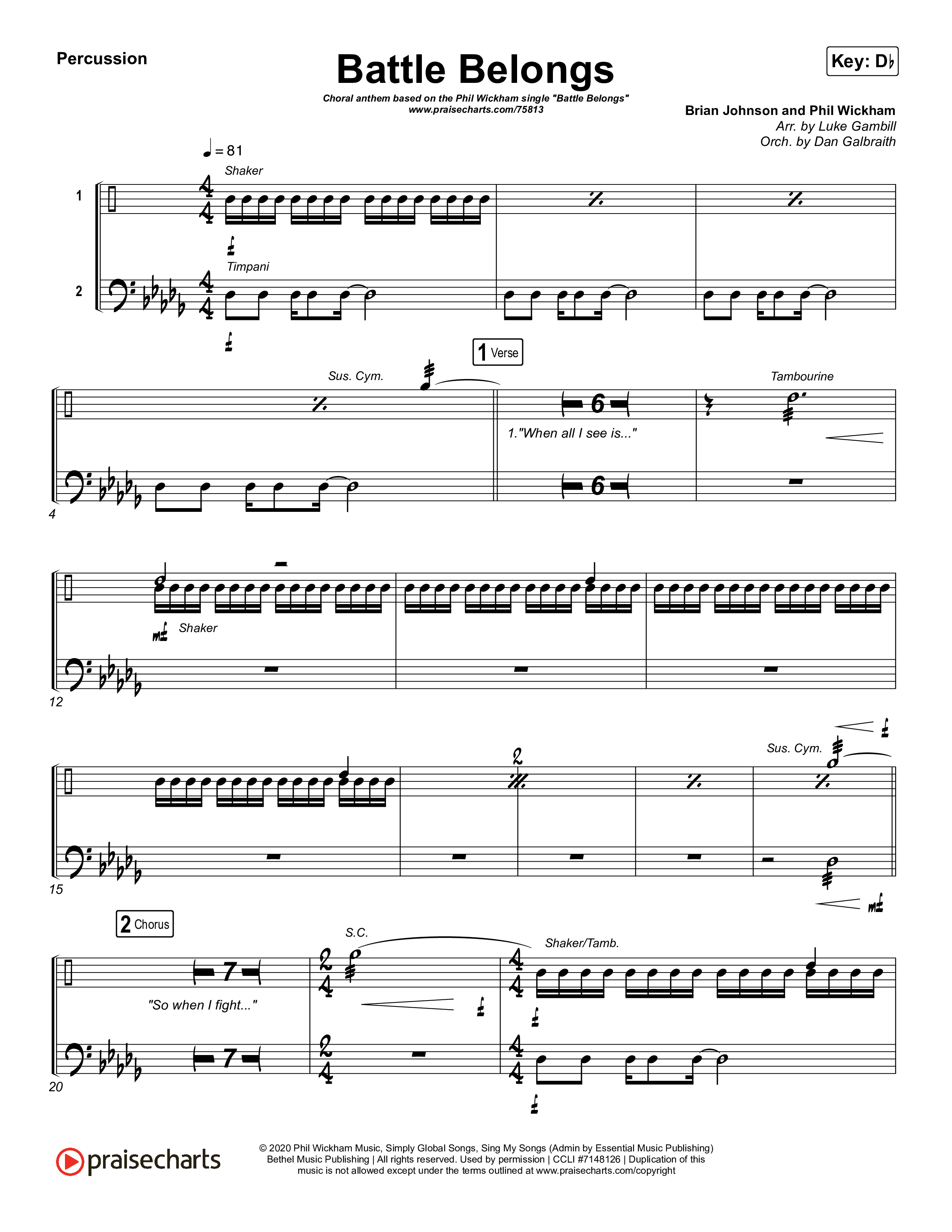 Battle Belongs (Choral Anthem SATB) Percussion (Phil Wickham / Arr. Luke Gambill)