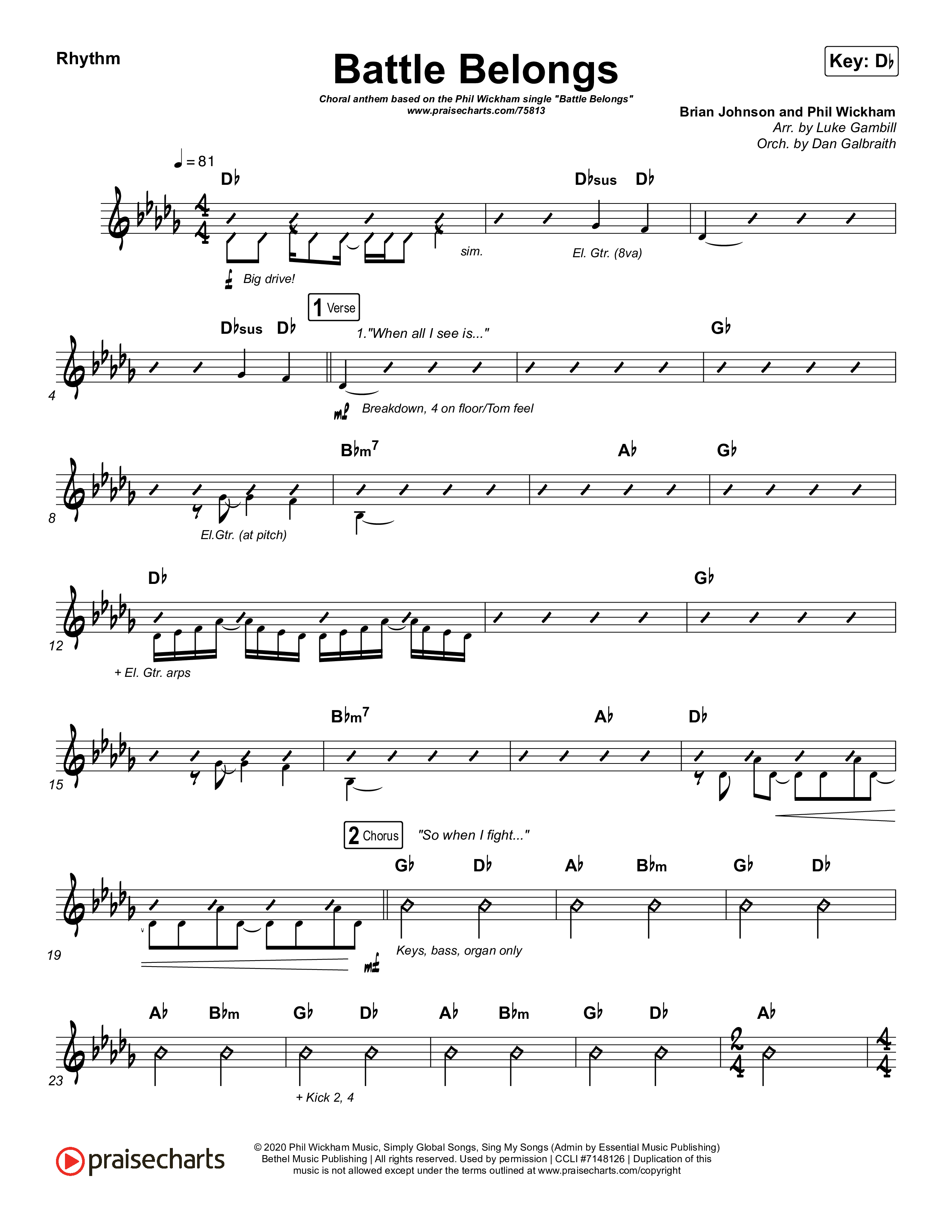 Battle Belongs (Choral Anthem SATB) Rhythm Chart (Phil Wickham / Arr. Luke Gambill)