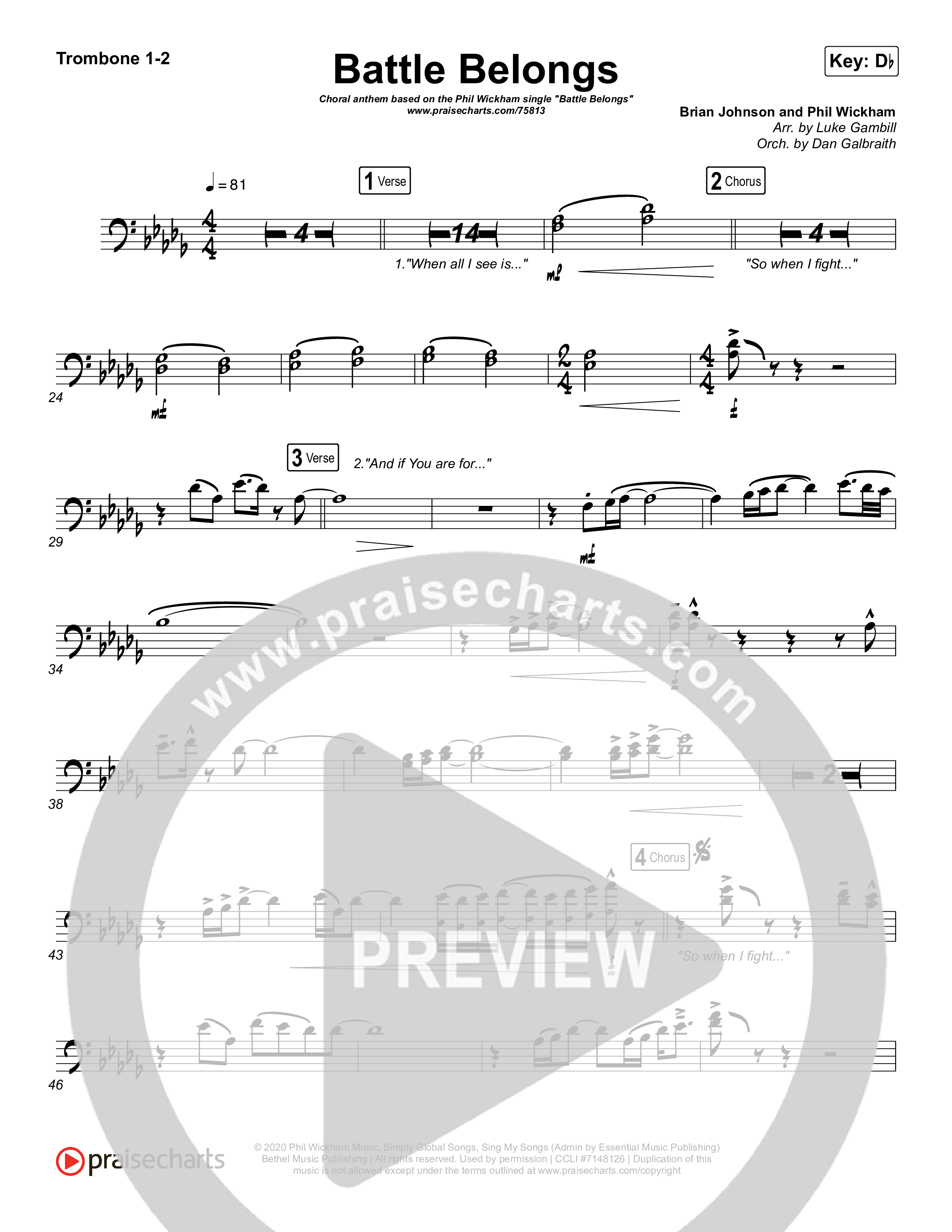 Battle Belongs (Choral Anthem SATB) Trombone 1/2 (Phil Wickham / Arr. Luke Gambill)