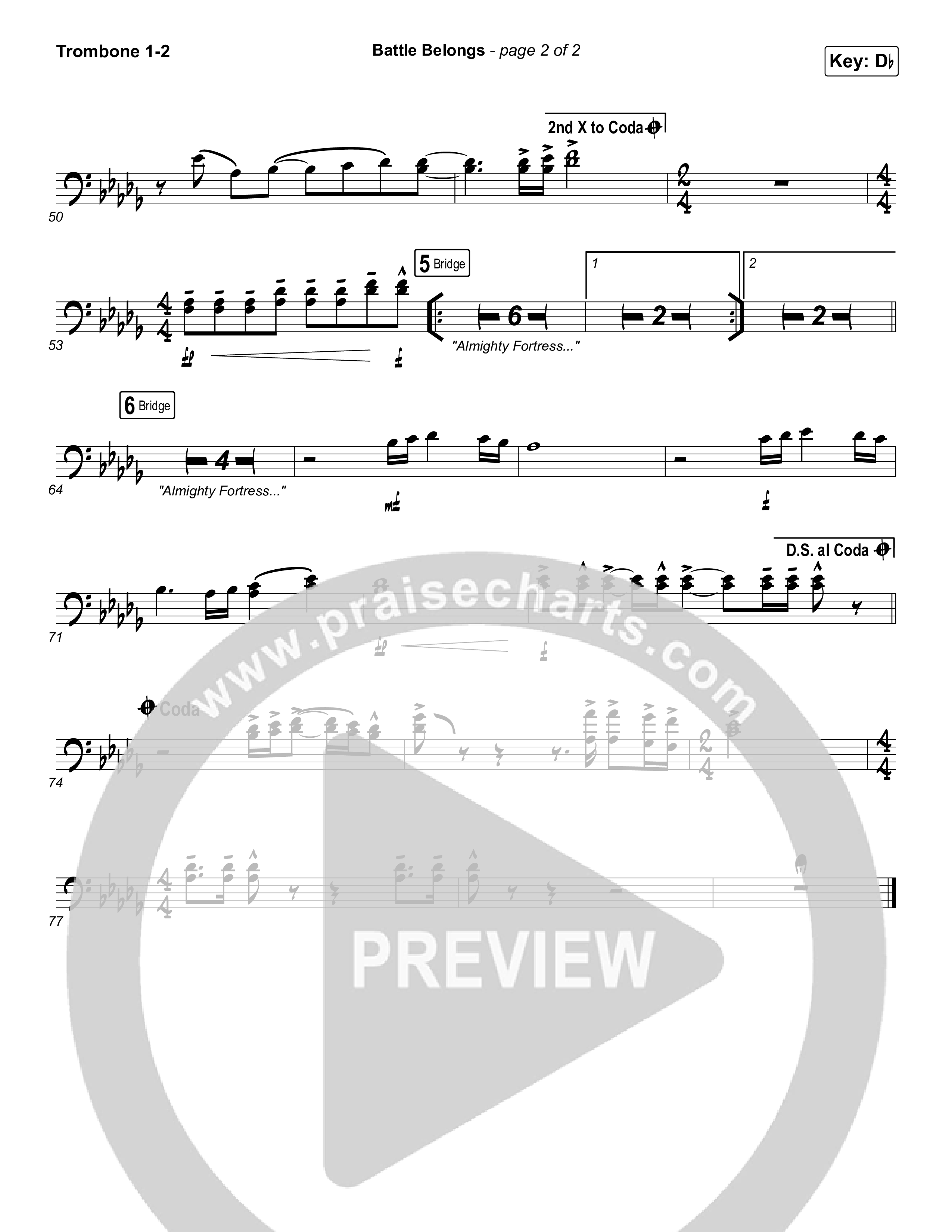 Battle Belongs (Choral Anthem SATB) Trombone 1/2 (Phil Wickham / Arr. Luke Gambill)