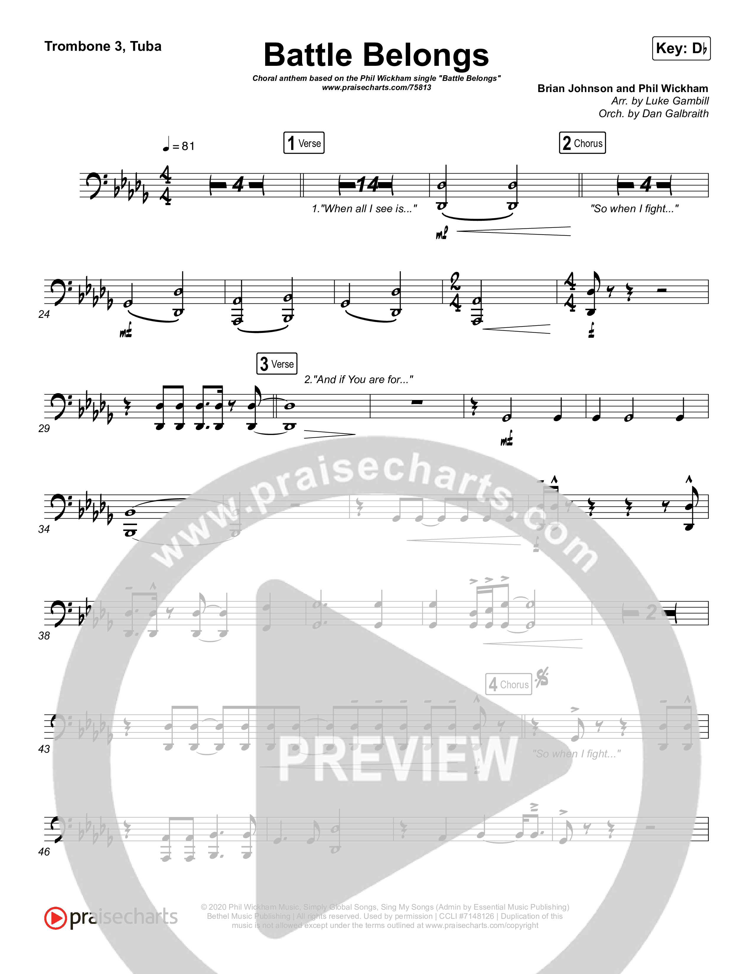 Battle Belongs (Choral Anthem SATB) Trombone 3/Tuba (Phil Wickham / Arr. Luke Gambill)