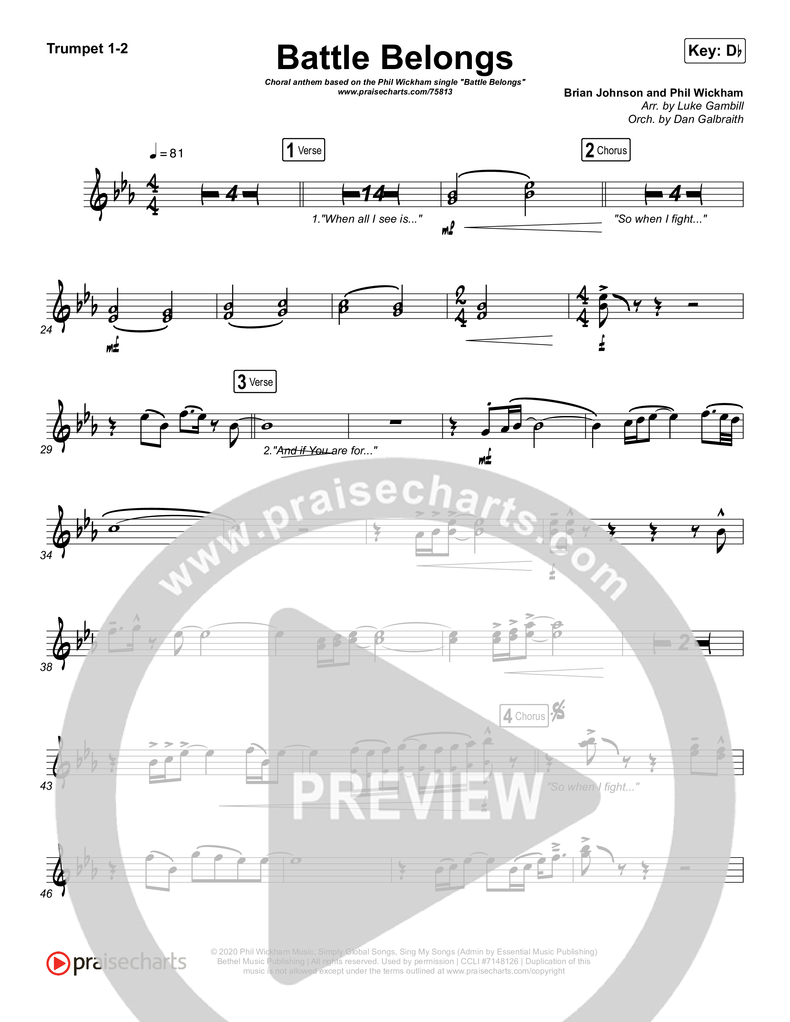 Battle Belongs (Choral Anthem SATB) Trumpet 1,2 (Phil Wickham / Arr. Luke Gambill)