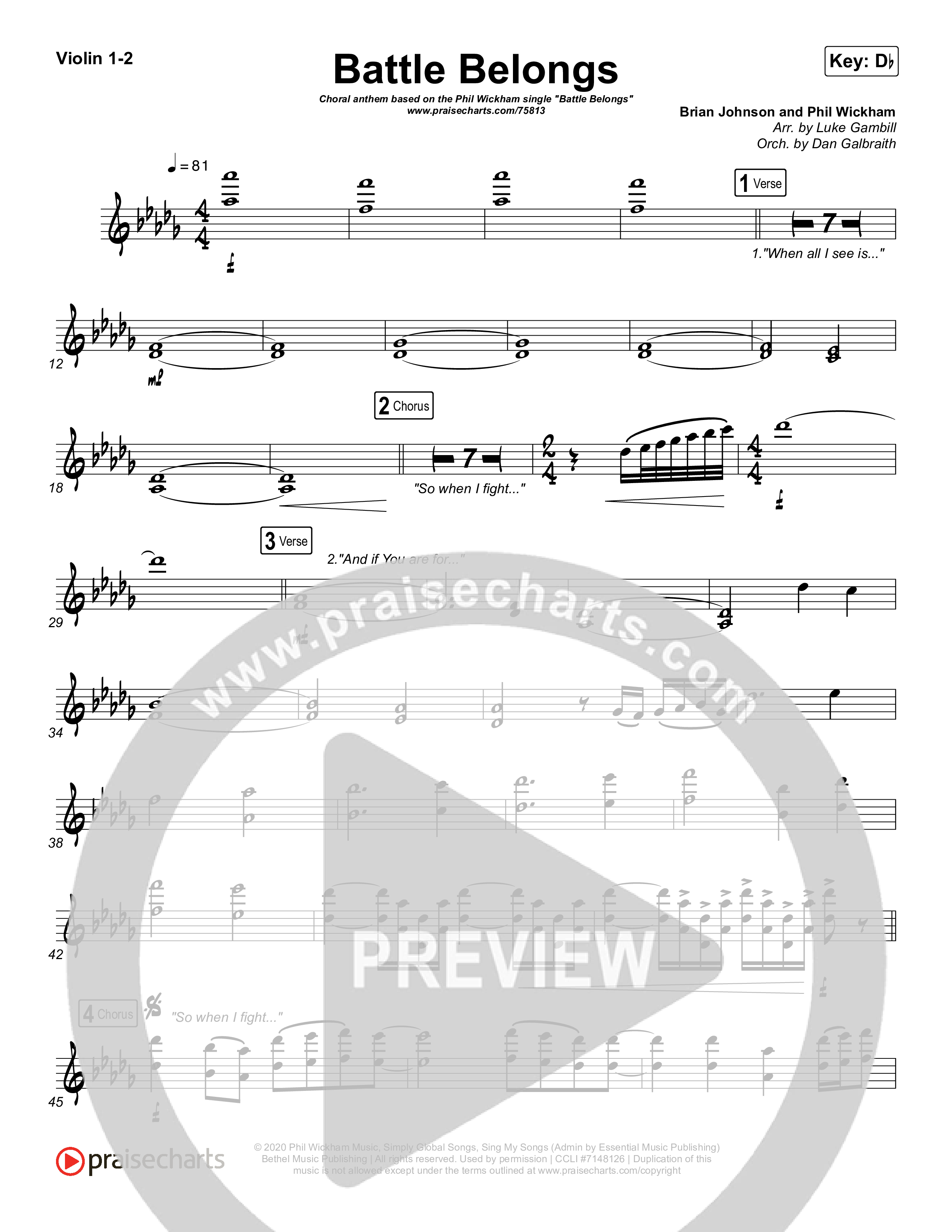 Battle Belongs (Choral Anthem SATB) Violin 1/2 (Phil Wickham / Arr. Luke Gambill)