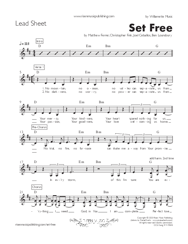 Set Free (Single) Lead Sheet (Willamette Music)