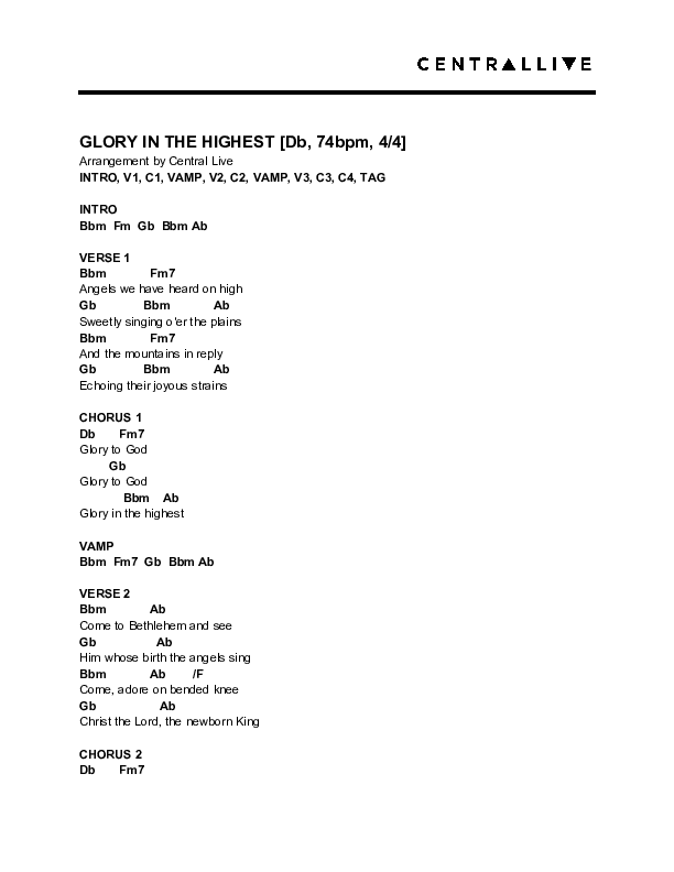 Glory In The Highest Chord Chart (Central Live)