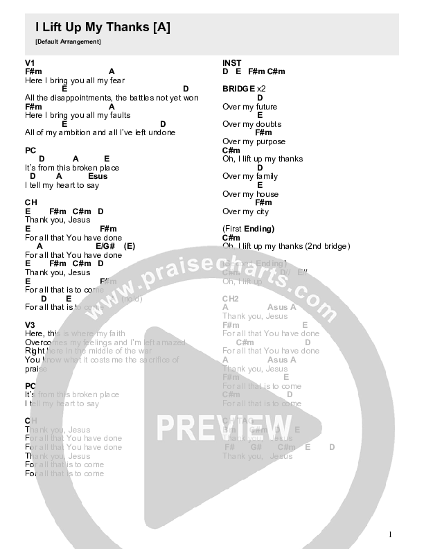 I Lift Up My Thanks Chord Chart (Crossroads Music)