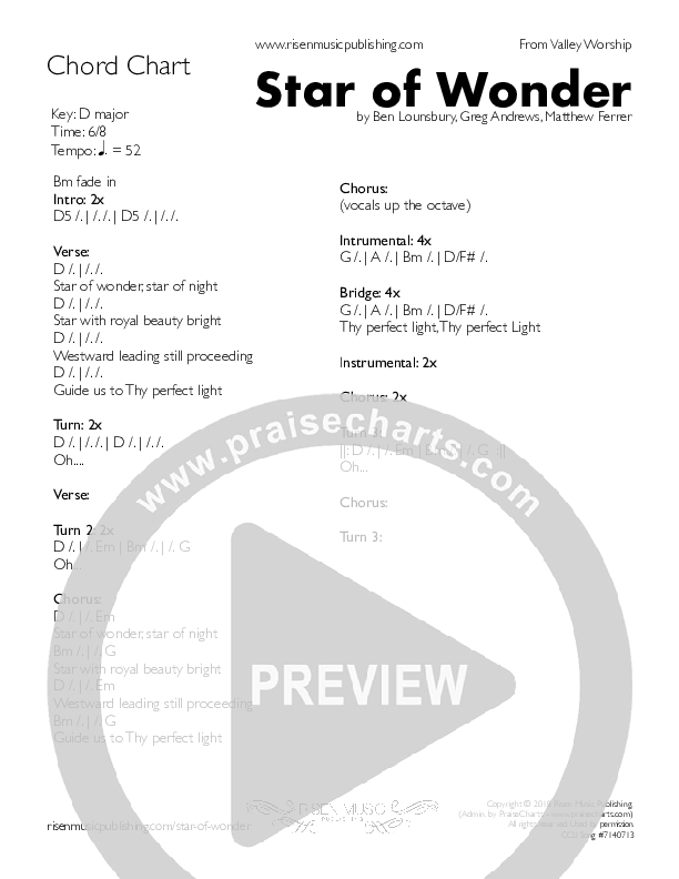 Star Of Wonder (Thy Perfect Light) (Single) Chord Chart (Valley Worship)