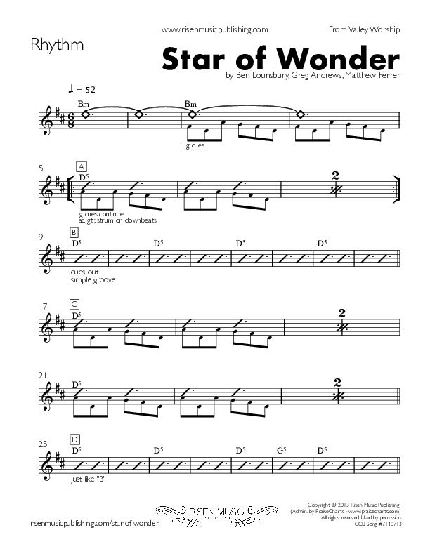 Star Of Wonder (Thy Perfect Light) (Single) Rhythm Chart (Valley Worship)