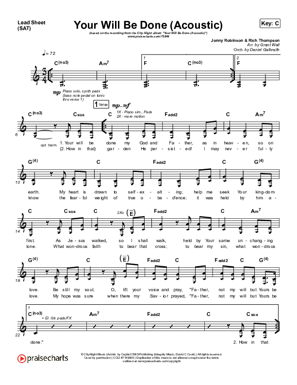 Your Will Be Done (Acoustic) Lead Sheet (SAT) (CityAlight)