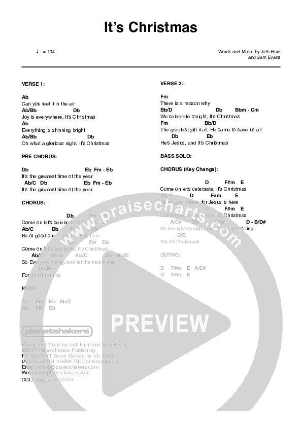 It's Christmas (Live) Chord Chart (Planetshakers)