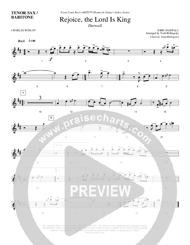 Rejoice The Lord Is King Tenor Sax/Baritone T.C. (Todd Billingsley)