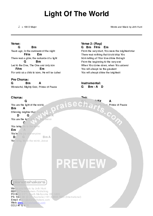 Light Of The World (Live) Chord Chart (Planetshakers)