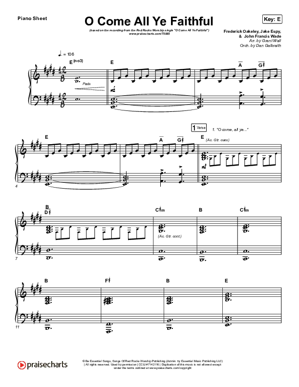 O Come All Ye Faithful Piano Sheet (Red Rocks Worship)