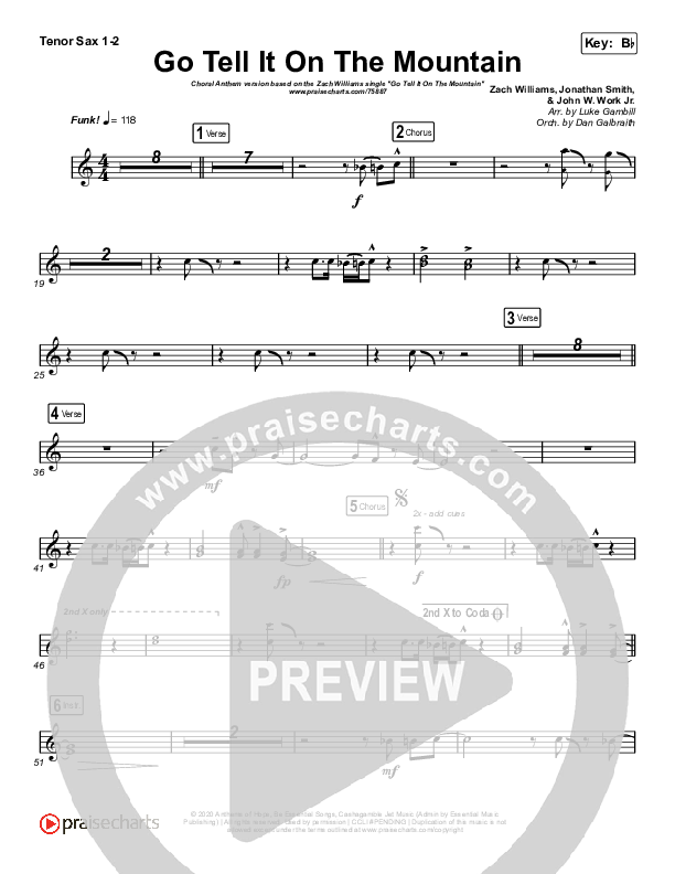 Go Tell It On The Mountain (Choral Anthem SATB) Tenor Sax 1/2 (Zach Williams / Arr. Luke Gambill)