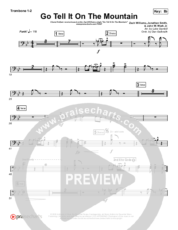 Go Tell It On The Mountain (Choral Anthem SATB) Trombone 1/2 (Zach Williams / Arr. Luke Gambill)