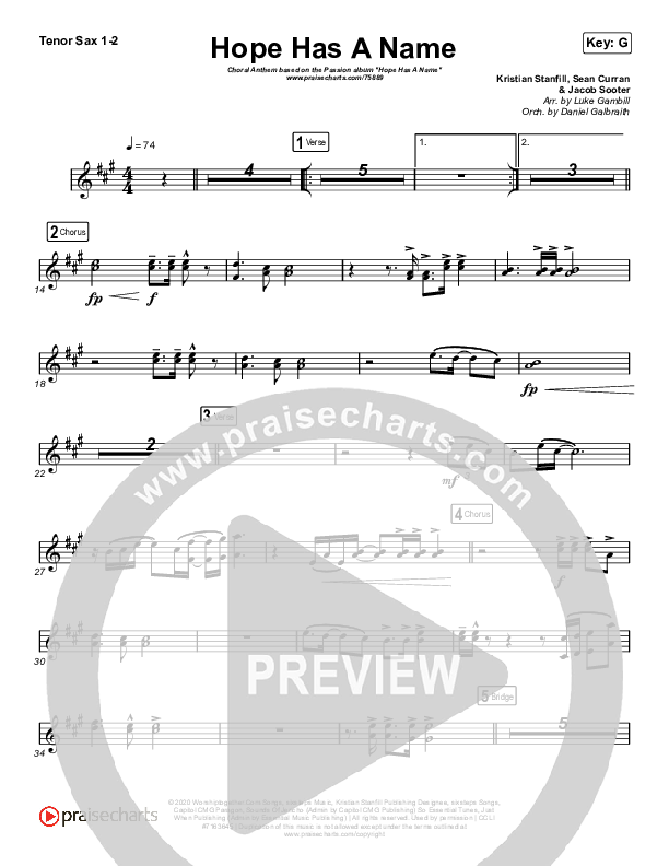 Hope Has A Name (Choral Anthem SATB) Tenor Sax 1/2 (Passion / Kristian Stanfill / Arr. Luke Gambill)