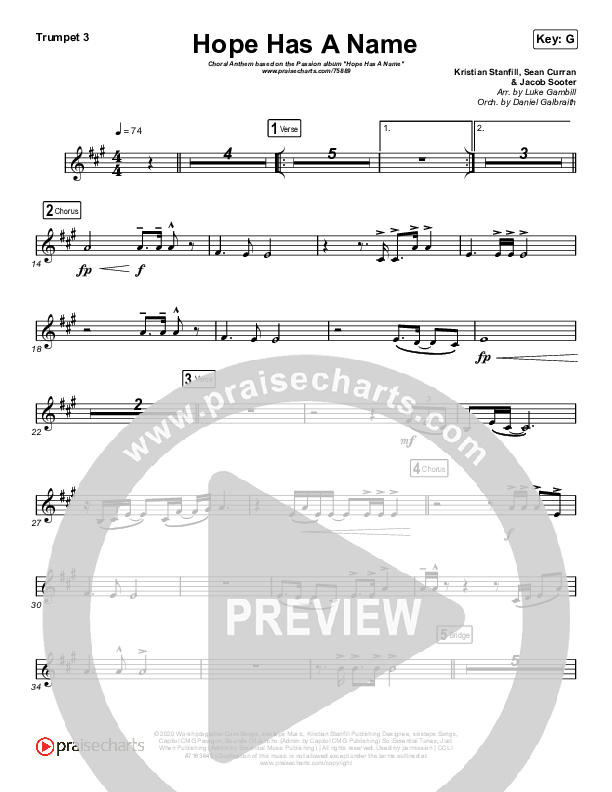 Hope Has A Name (Choral Anthem SATB) Trumpet 3 (Passion / Kristian Stanfill / Arr. Luke Gambill)