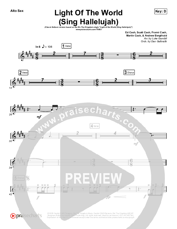 Light Of The World (Sing Hallelujah) (Choral Anthem SATB) Alto Sax (We The Kingdom / Arr. Luke Gambill)