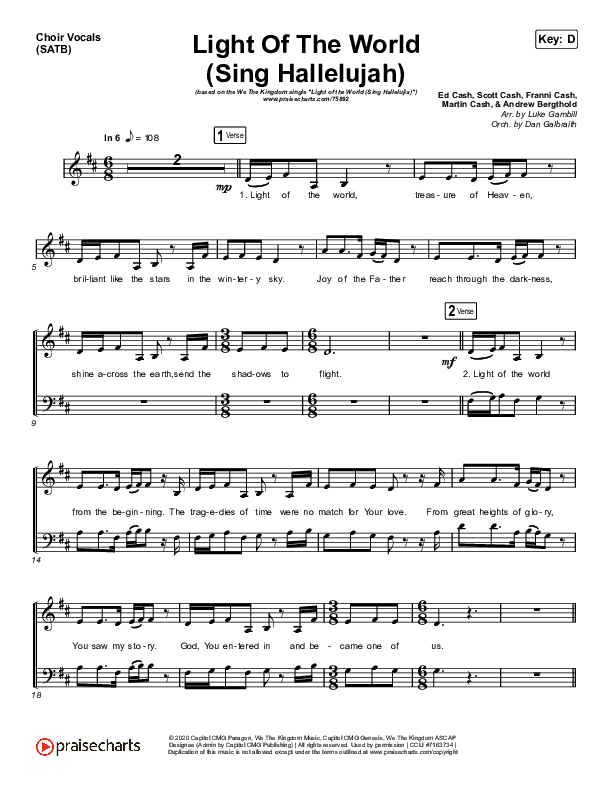 Light Of The World (Sing Hallelujah) (Choral Anthem SATB) Choir Sheet (SATB) (We The Kingdom / Arr. Luke Gambill)