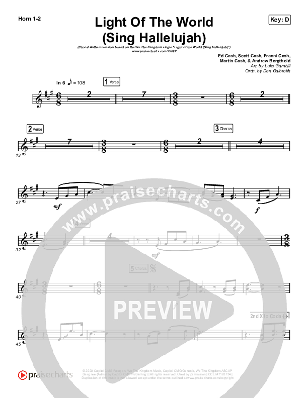 Light Of The World (Sing Hallelujah) (Choral Anthem SATB) French Horn 1/2 (We The Kingdom / Arr. Luke Gambill)