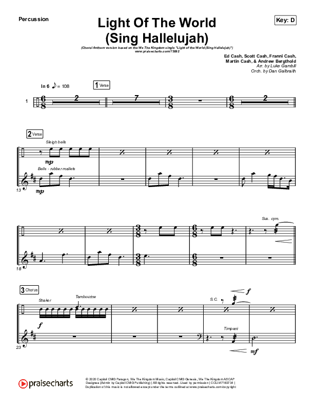 Light Of The World (Sing Hallelujah) (Choral Anthem SATB) Percussion (We The Kingdom / Arr. Luke Gambill)