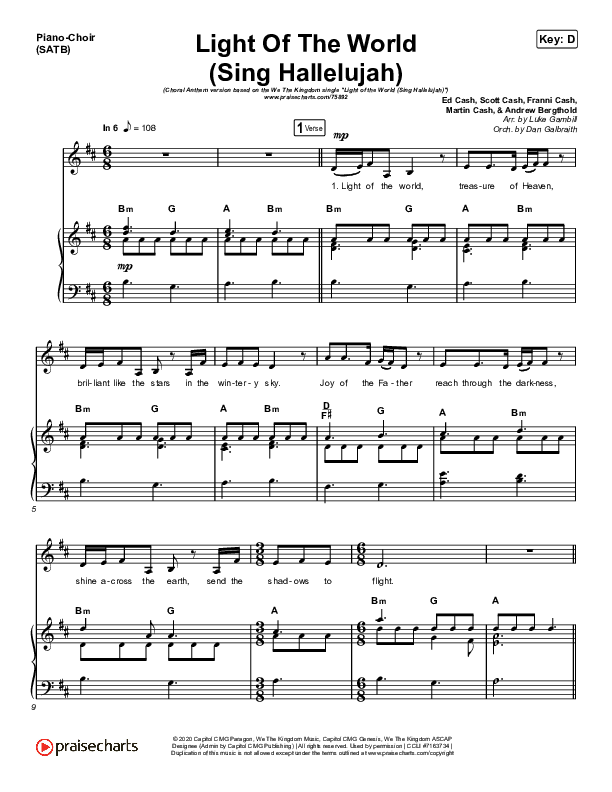 Light Of The World (Sing Hallelujah) (Choral Anthem SATB) Piano/Choir (SATB) (We The Kingdom / Arr. Luke Gambill)