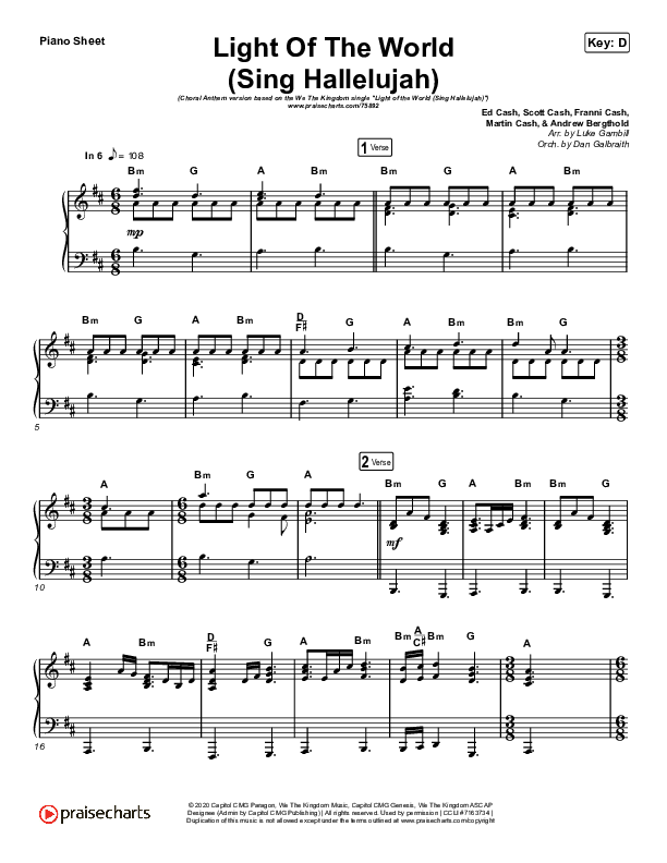 Light Of The World (Sing Hallelujah) (Choral Anthem SATB) Piano Sheet (We The Kingdom / Arr. Luke Gambill)