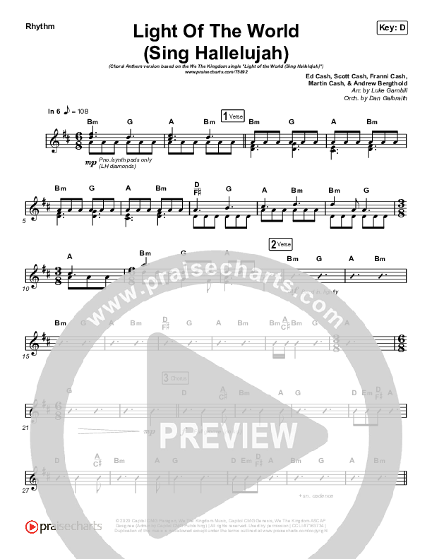 Light Of The World (Sing Hallelujah) (Choral Anthem SATB) Rhythm Chart (We The Kingdom / Arr. Luke Gambill)