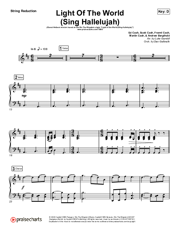 Light Of The World (Sing Hallelujah) (Choral Anthem SATB) String Reduction (We The Kingdom / Arr. Luke Gambill)