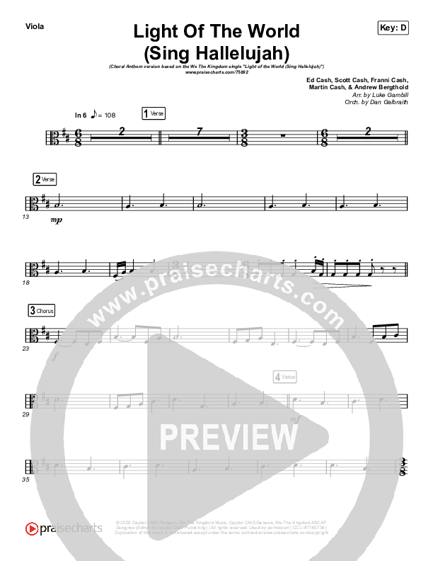 Light Of The World (Sing Hallelujah) (Choral Anthem SATB) String Pack (We The Kingdom / Arr. Luke Gambill)