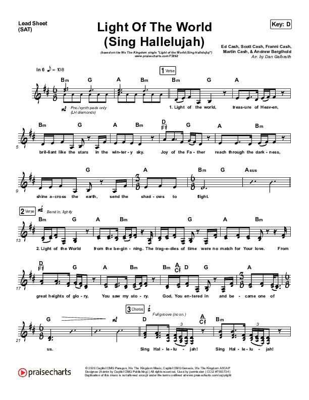 Light Of The World (Sing Hallelujah) (Choral Anthem SATB) Lead Sheet (SAT) (We The Kingdom / Arr. Luke Gambill)