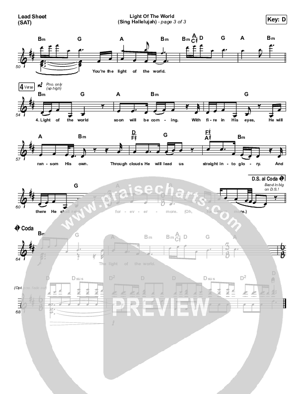 Light Of The World (Sing Hallelujah) (Choral Anthem SATB) Lead Sheet (SAT) (We The Kingdom / Arr. Luke Gambill)