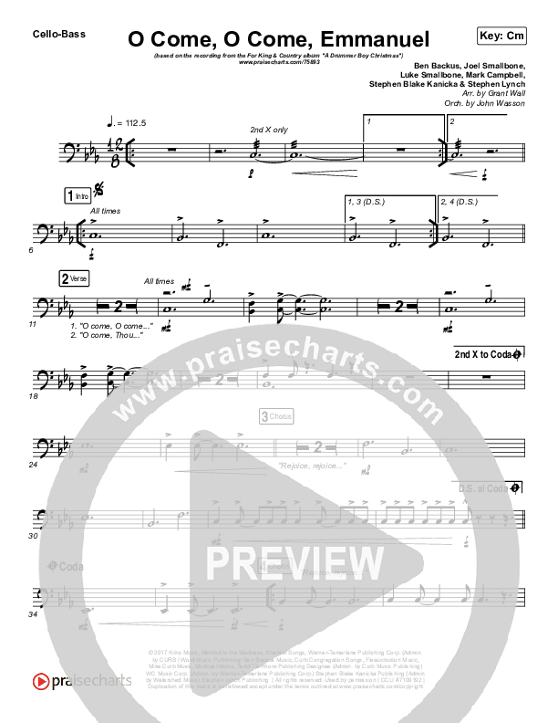 O Come O Come Emmanuel Cello/Bass (for KING & COUNTRY)