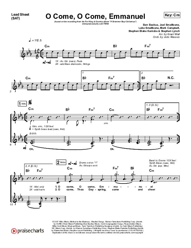 O Come O Come Emmanuel Lead Sheet (SAT) (for KING & COUNTRY)