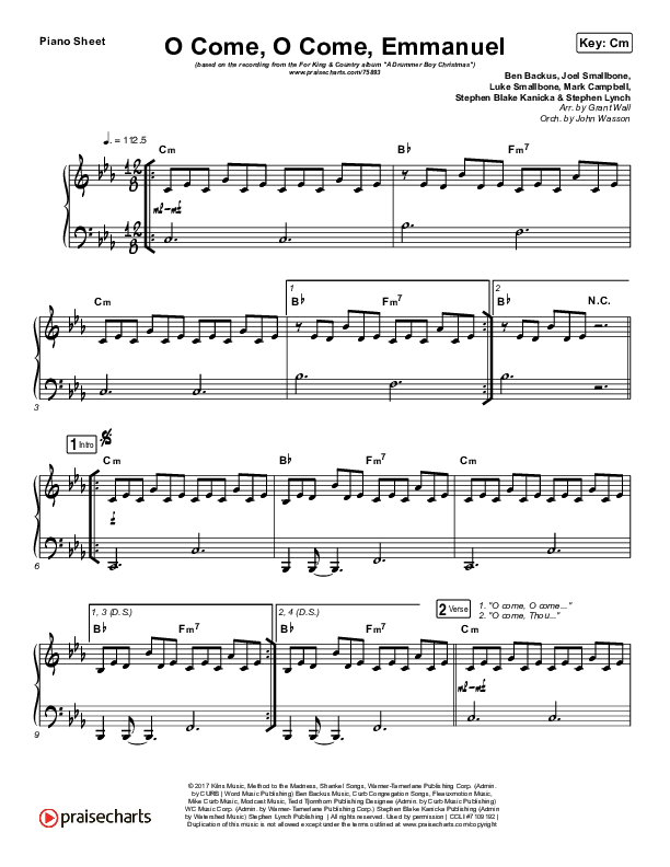 O Come O Come Emmanuel Piano Sheet (for KING & COUNTRY)