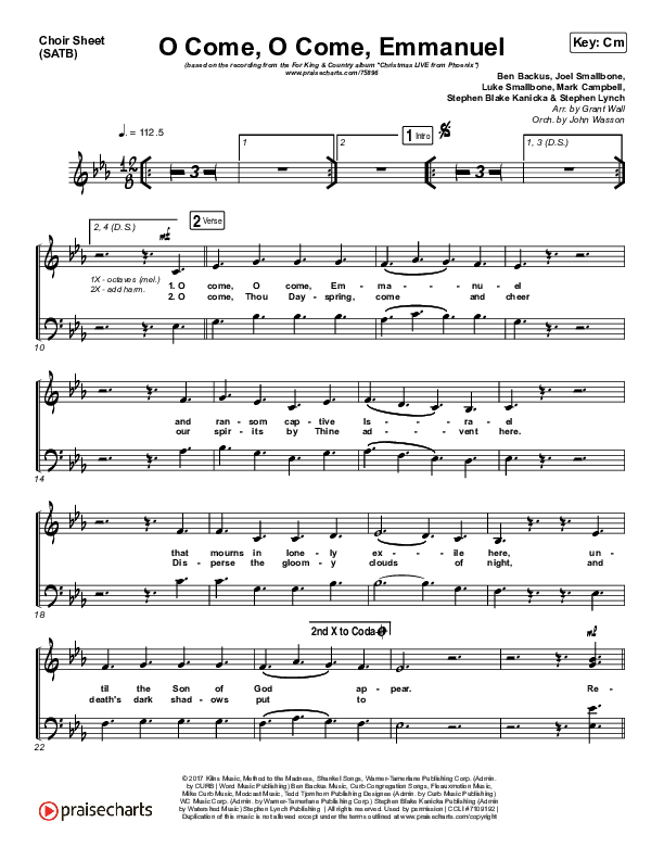 O Come O Come Emmanuel Choir Sheet (SATB) (for KING & COUNTRY)