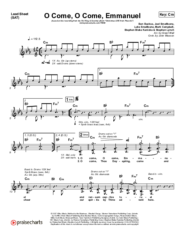 O Come O Come Emmanuel Lead Sheet (SAT) (for KING & COUNTRY)