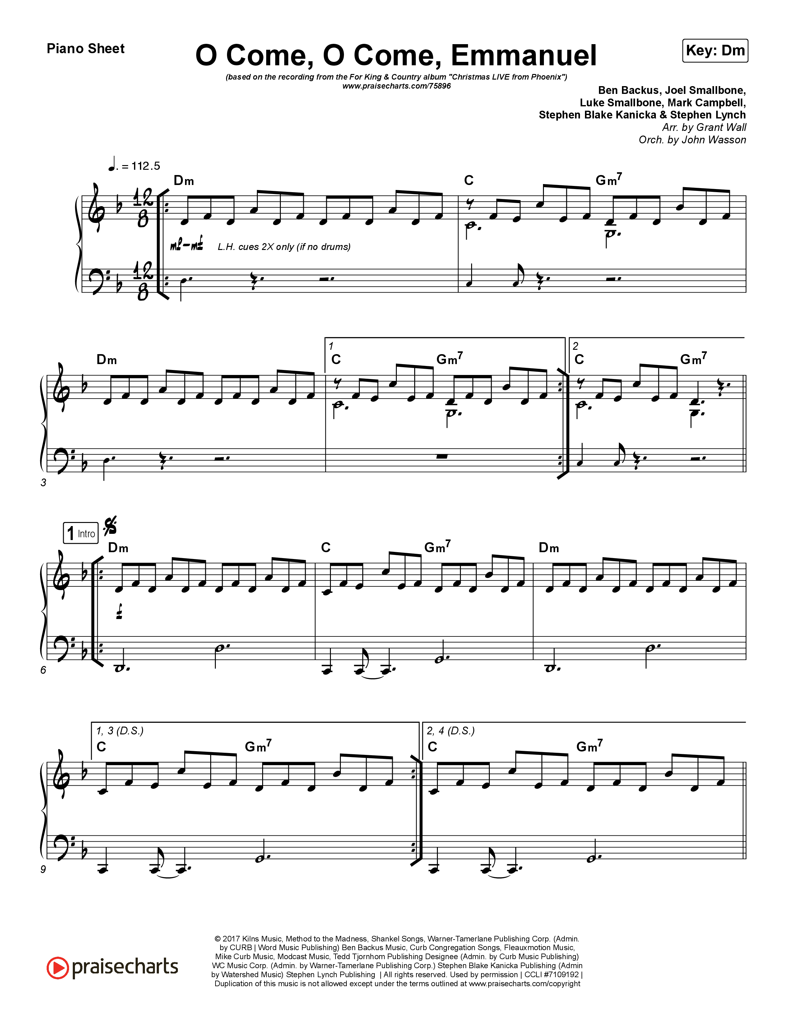 O Come O Come Emmanuel Piano Sheet (for KING & COUNTRY)