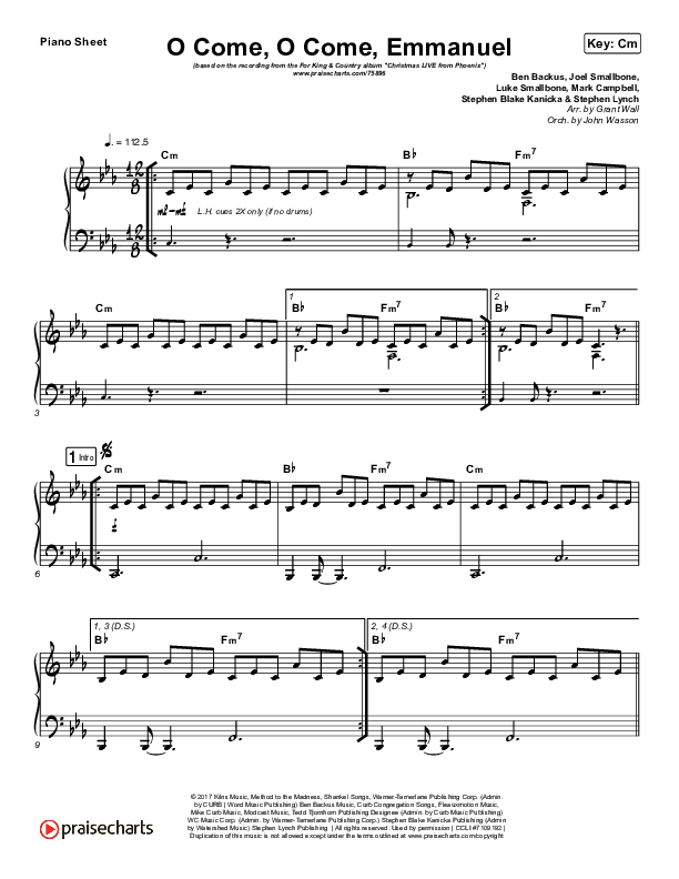 O Come O Come Emmanuel Piano Sheet (for KING & COUNTRY)