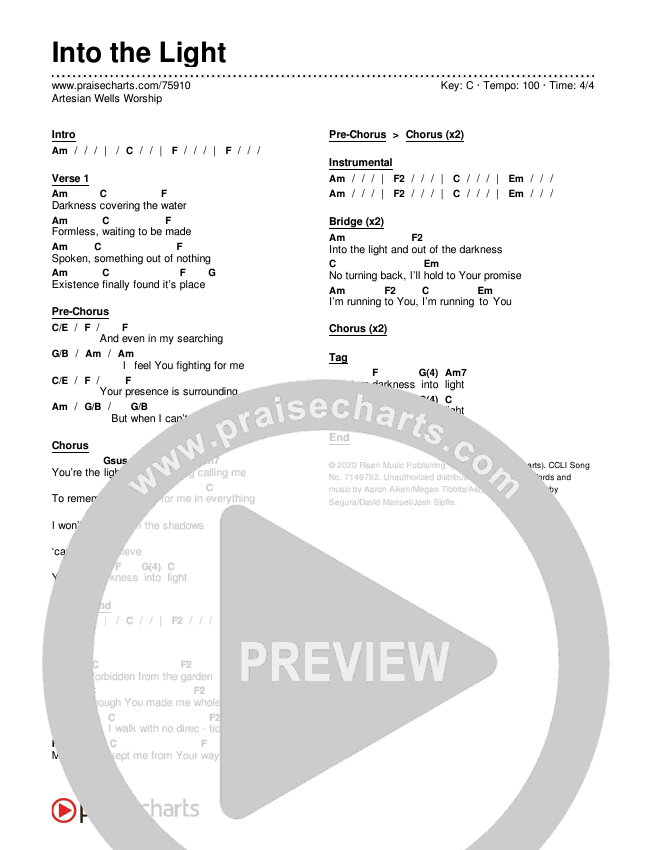 Into the Light Chord Chart (Artesian Wells Worship)